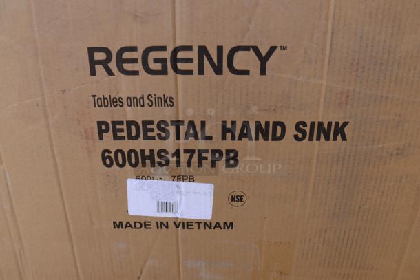 Regency 600HS17FPB pedestal hand sink box, labeled "Made in Vietnam." Top left corner of the box is bent.