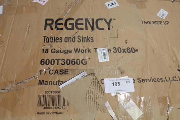 Regency 600T3080G 30" x 30" stainless steel work table; minor scratches, denting. Packaging damaged. Made in Vietnam.