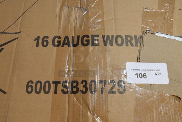 Damaged packaging for a Regency 600T9B30723 30" x 72" stainless steel table. Possible package scratching and denting.