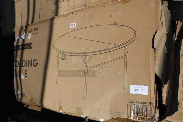 Lancaster Table & Seating 384TBL60RDBF 60" bi-fold table, granite white, brand new, damaged packaging visible.