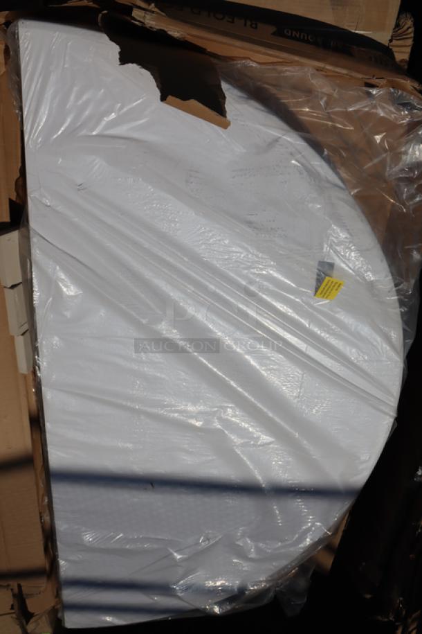 Brand new Lancaster Table & Seating 60" round granite white bi-folding table, model 384TBL60RDBF, wrapped in plastic. Original packaging damaged.