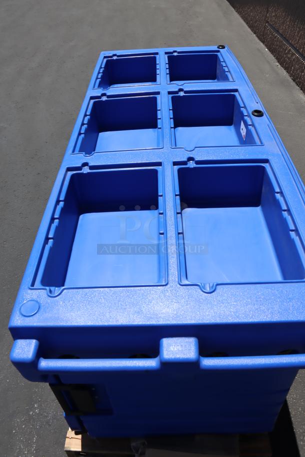 Cambro KVC854186 CamKiosk® navy blue vending cart, customizable with 4 pan wells, brand new, out of packaging.