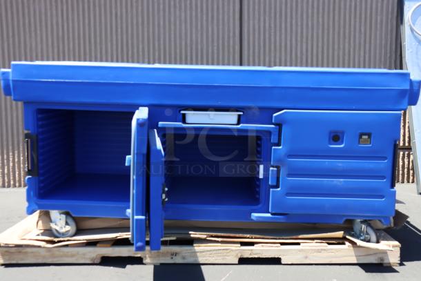 Cambro KVC854186 CamKiosk® vending cart, navy blue, four pan wells, customizable, brand new, out of packaging.