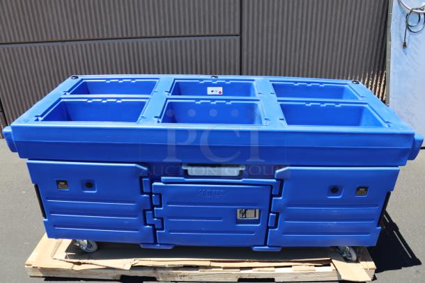 Brand new Cambro KVC854186 CamKiosk® vending cart, navy blue, 4 pan wells, customizable, out of original packaging.