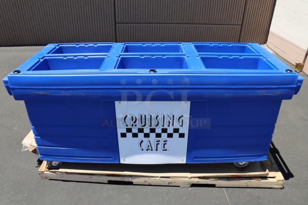 Brand new Cambro KVC854186 CamKiosk® Navy Blue vending cart with 4 pan wells, "Cruising Cafe" sign, out of packaging.
