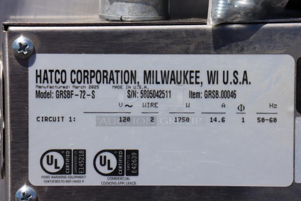 BRAND NEW Hatco GRSBF-72-S Heated Shelf Warmer, 73.5"x25.5", 1750W, 120V. Features manufacturer's label with specs.