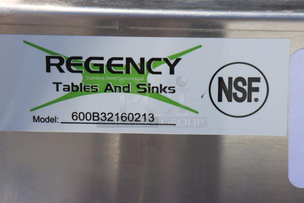 Regency underbar sink label, model 600B32160213, NSF certified.