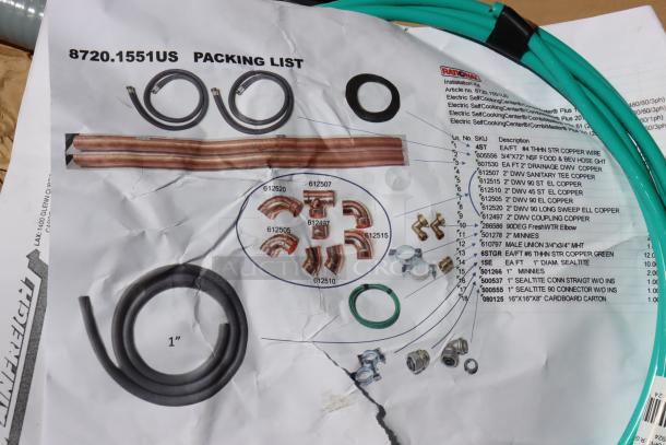 Packing list with various copper pipes, fittings, seals, and wires labeled and numbered. Includes product numbers and descriptions.