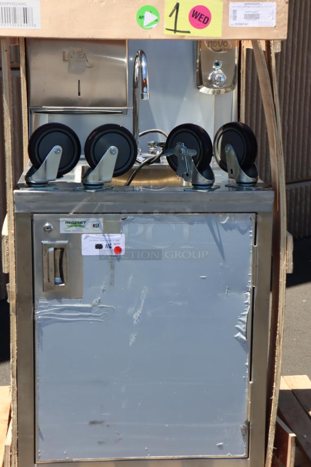 Regency Space Saver 600PHS24HC portable hand sink cart. Brand new, minor scratches/dents. Visible Regency and NSF labels.