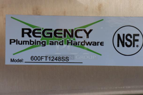 Regency 600FT1248SS floor trough label, NSF certified, featuring model details. New condition, scratch-n-dent item.