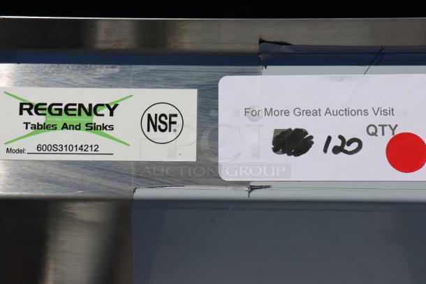 Brand new Regency 58" three-compartment stainless steel sink, model 600S31014212, with NSF certification label.