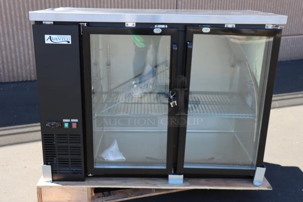 Brand new Avantco UBB-48G-HC 48" black back bar refrigerator with glass doors, LED lighting, and minor scratches.