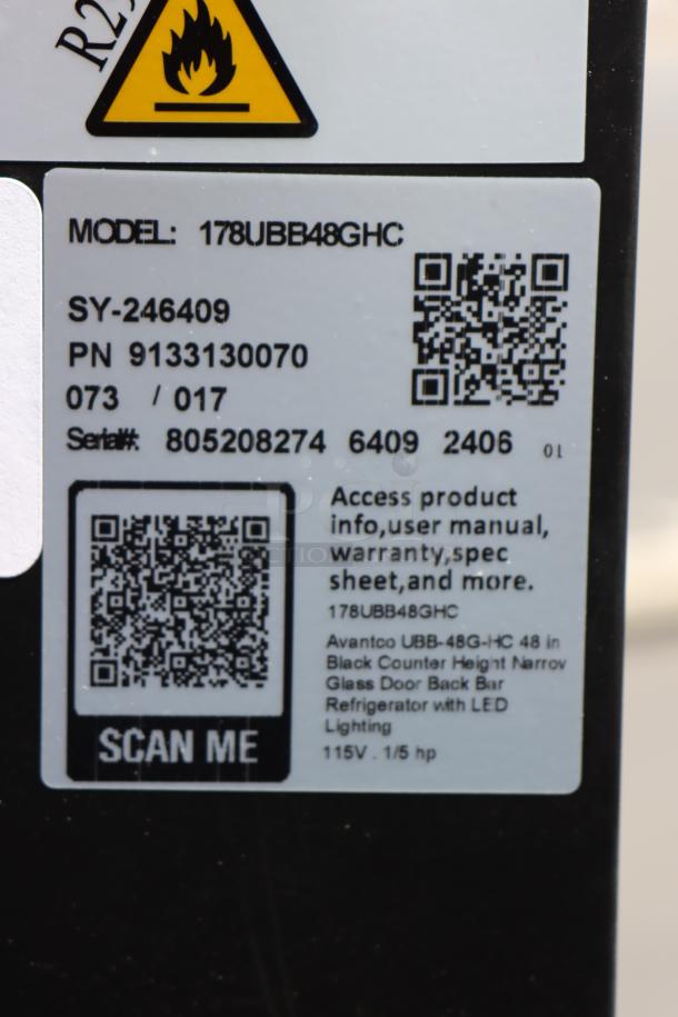 Avantco UBB-48G-HC refrigerator label showing model, serial number 805208274, QR codes, and LED lighting info.