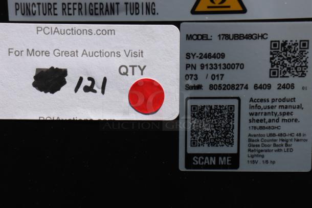 Brand new Avantco UBB-48G-HC 48" black glass door back bar refrigerator, serial number 805208274, with LED lighting.