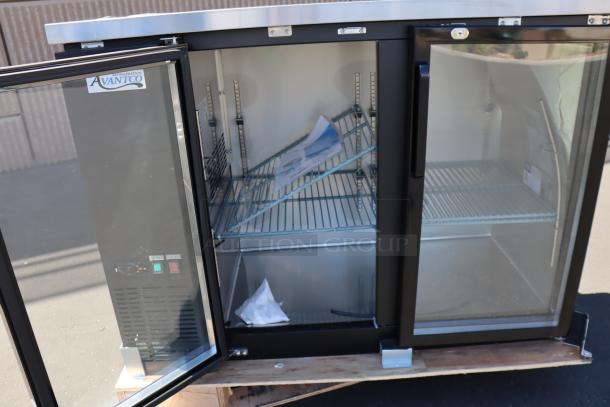 Brand new Avantco UBB-48G-HC black back bar refrigerator with narrow glass doors and LED lighting. In working order.