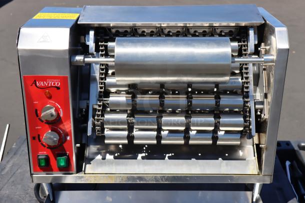 BRAND NEW Avantco BT18A Vertical Contact Conveyor Bun Toaster, 120V, 1600W, model S/N: 2900324184BT18A, red control panel.