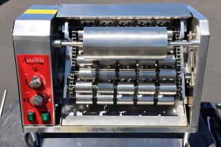 BRAND NEW Avantco BT18A Vertical Contact Conveyor Bun Toaster, 120V, 1600W, model S/N: 2900324184BT18A, red control panel.