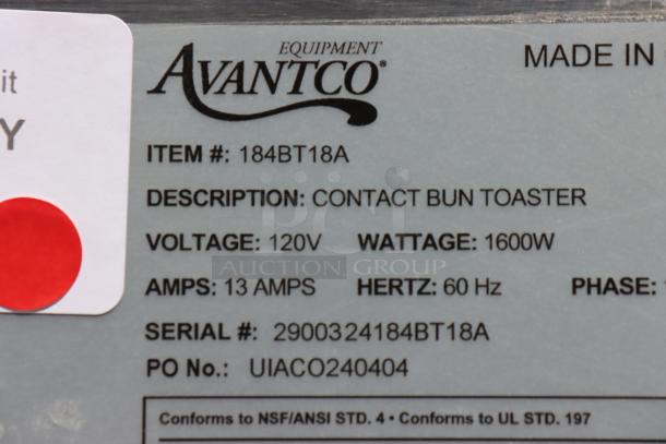 Avantco BT18A Vertical Contact Conveyor Bun Toaster, 1600W, 120V, serial #2900324184BT18A, NSF certified, scratch-n-dent.