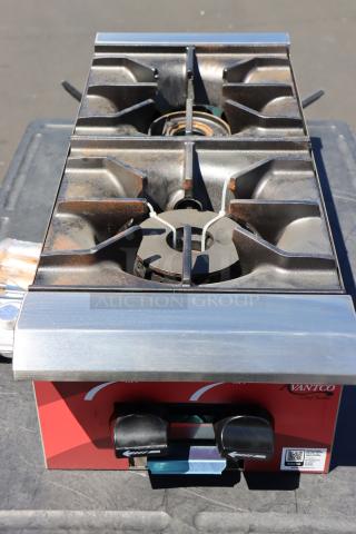 BRAND NEW Avantco Chef Series CAG-R-2-12, 12" 2 Burner Gas Range, 50,000 BTU, minor scratches. Red front panel, serial 1150880000006.