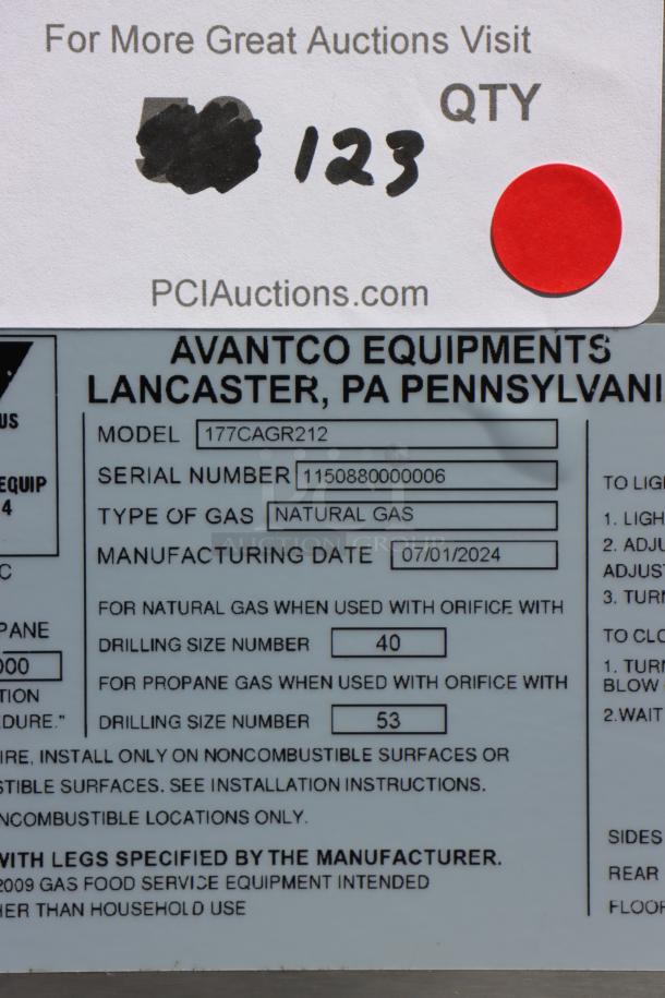 Brand new Avantco Chef Series CAG-R-2-12, 12" 2-burner gas range, 50,000 BTU, natural gas. Serial No: 1150880000006.