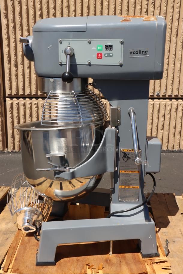 Brand new Ecoline by Hobart EMM20-1STD 20 Qt. planetary stand mixer, 1 HP, with guard, standard accessories, and serial number EY0000868. Exhibits minor surface scratches.