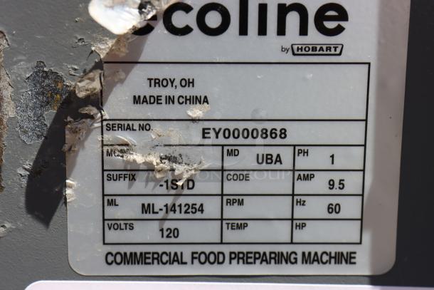 Label on Ecoline by Hobart mixer model EMM20-1STD, serial EY0000868, 120V, 1 HP, showing manufacturing and electrical details.