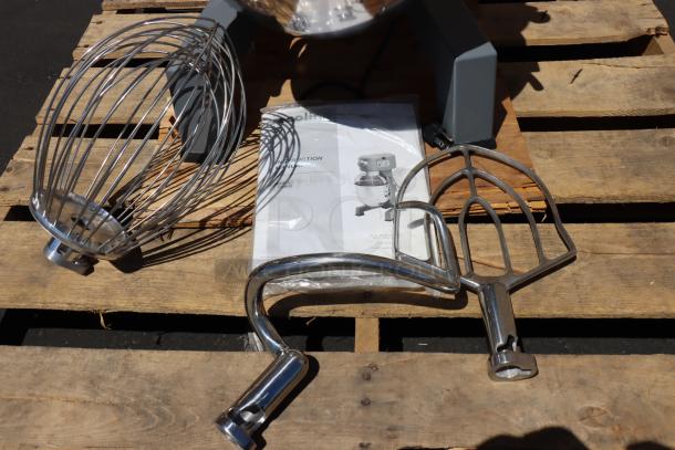 BRAND NEW Ecoline by Hobart 20 Qt. Mixer EMM20-1STD with guard and accessories, model manual visible.