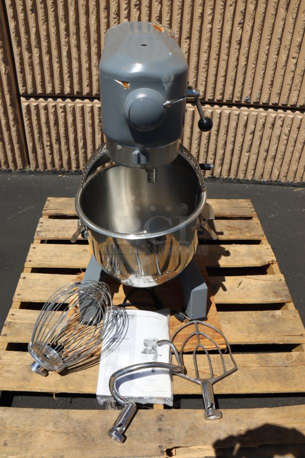BRAND NEW Ecoline by Hobart EMM20-1STD 20 Qt. Stand Mixer with guard. Includes whisk, dough hook, flat beater. Minor scratches.
