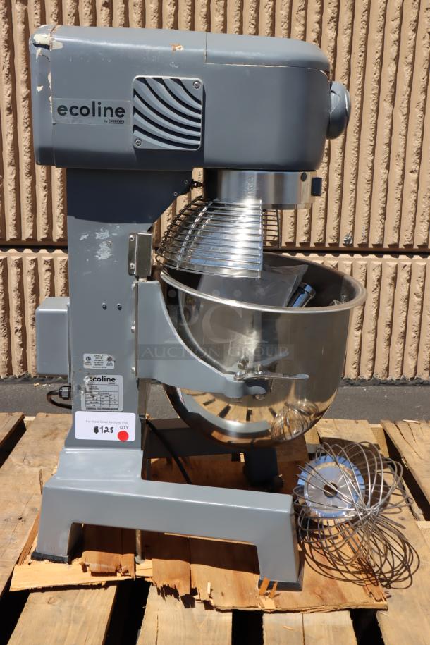 Brand new Ecoline by Hobart EMM20-1STD 20 Qt. planetary stand mixer with guard, standard accessories, visible scratch and dent.