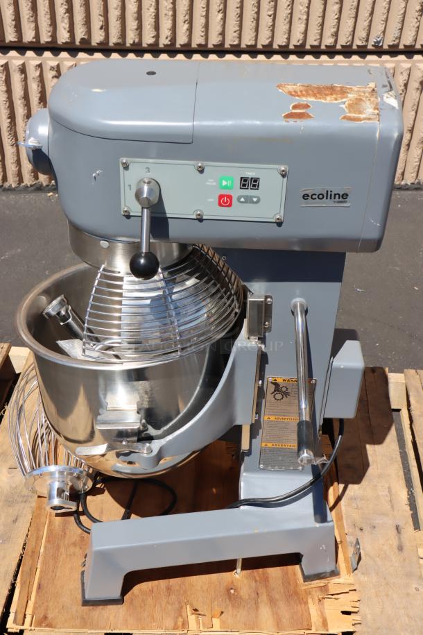 Brand new Ecoline by Hobart EMM20-1STD 20 Qt. planetary stand mixer, 120V, 1 HP, with guard, standard accessories, scratch-n-dent condition.