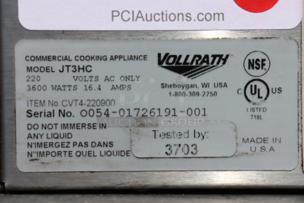 Label on Vollrath CVT4-208900 JT3HC Convertible Conveyor Toaster, 3600W, 208V. Marks: NSF, UL listed, serial number, testing ID.