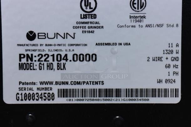 Label from Bunn G1 HD 1 lb. Black Bulk Coffee Grinder, Model 22104.0000, showing specifications and serial number.
