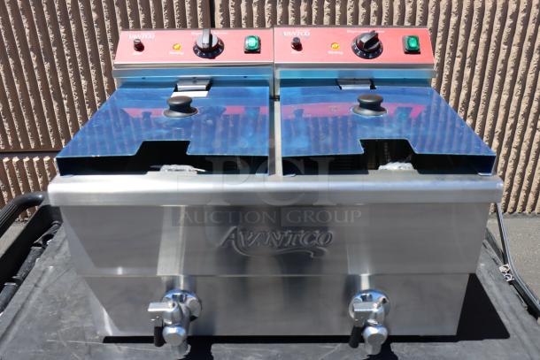Brand new Avantco F202 30 lb. dual tank electric countertop fryer, 5400/7200W, visible controls, out of packaging.