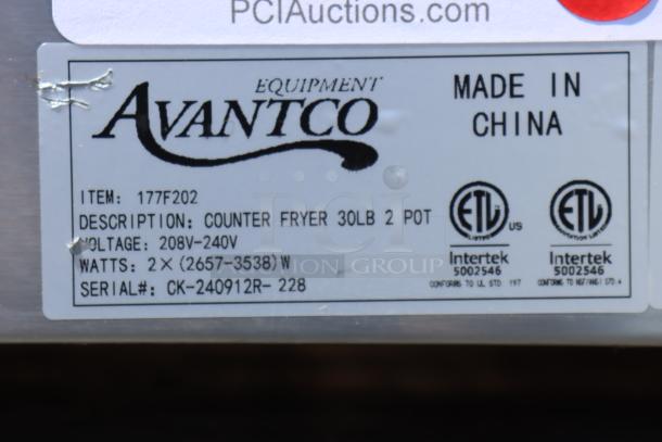 Brand new Avantco F202 30 lb. dual tank electric fryer, 208-240V, 5400/7200W, model 177F202. ETL certified. Made in China.