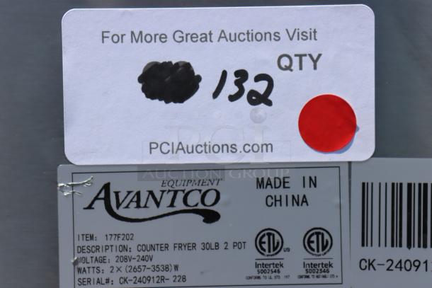 Avantco 177F202 label showing 30 lb. dual tank fryer details, 208-240V, 5400/7200W, and made in China marking.