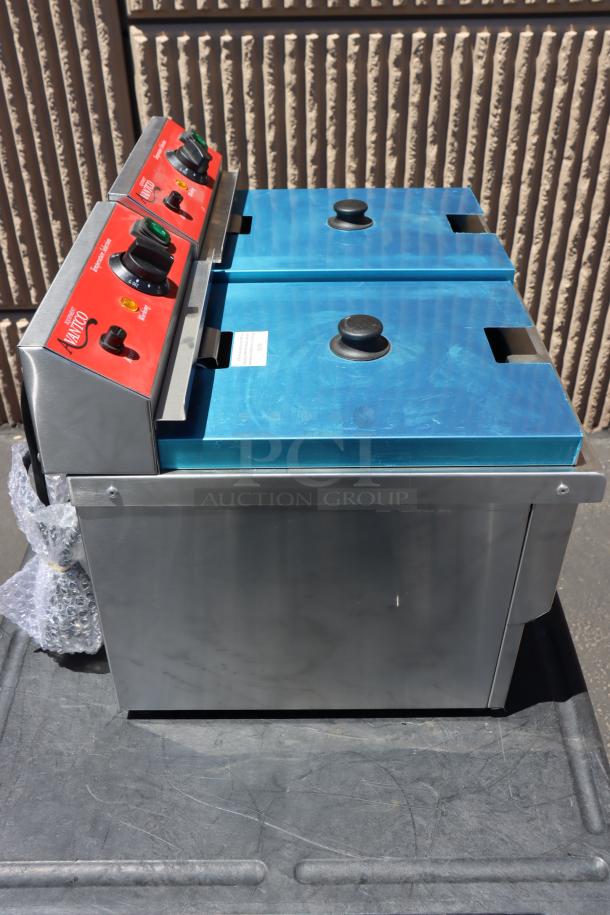 Brand new Avantco F202 30 lb. dual tank electric countertop fryer, 208-240V, 5400/7200W, out of packaging.