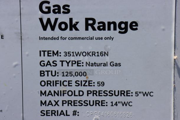 Alt text: "Label of Cooking Performance Group WOKR16N Natural Gas Wok Range, 125,000 BTU, showing technical specifications."