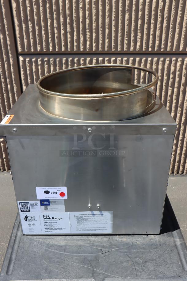 BRAND NEW SCRATCH-N-DENT Cooking Performance Group WOKR16N Natural Gas Wok Range with 16" ring, 125,000 BTU, visible tags.