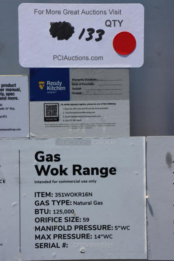 Cooking Performance Group WOKR16N Natural Gas Wok Range, 125,000 BTU, 16" ring, new scratch-n-dent, labels with specs visible.