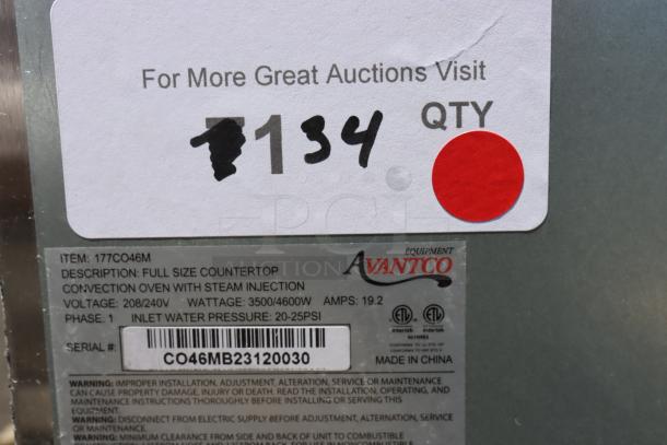 Brand new Avantco CO-46M convection oven with moisture injection. 4.4 cu. ft., 208/240V, 3,500/4,600W. Serial: CO46MB23120030.