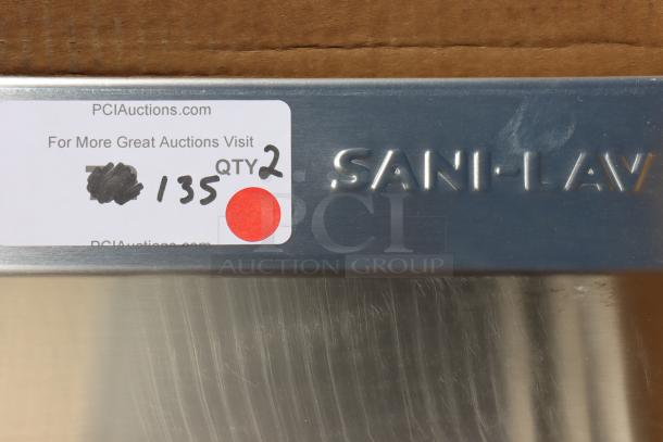 Sani-Lav 5A3F-0.5 wall-mounted hand sink with "SANI-LAV" marking. Auction label shows QTY 2.