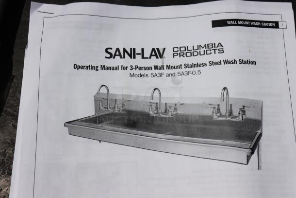 Sani-Lav 5A3F-0.5 wall-mounted 3-station hand sink with three 0.5 GPM faucets; new, possible scratches/dents.