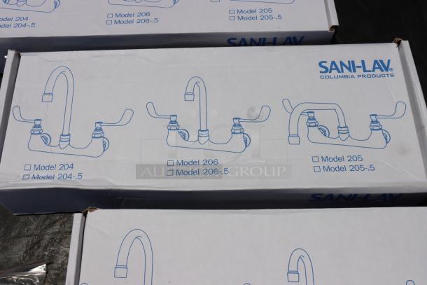 Brand new Sani-Lav 5A3F-0.5, 68"x20" wall-mounted hand sink, 3x 0.5 GPM faucets. Packaging damaged. Possible scratches.