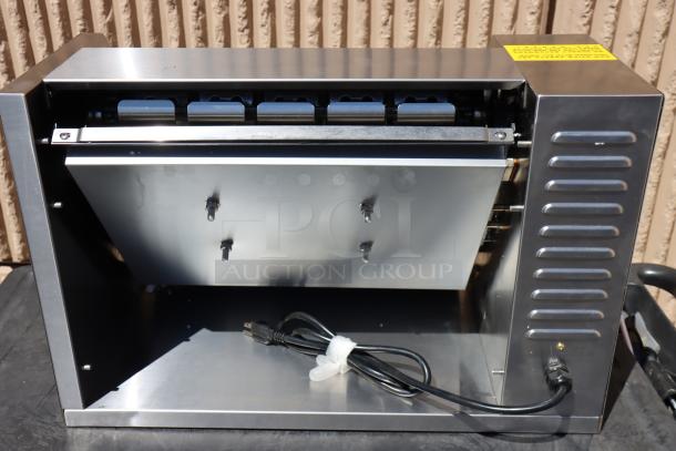 Brand new Avantco BT18AXL vertical conveyor bun toaster, 120V, 1600W, scratch-n-dent, extended feed tray, visible power cord.