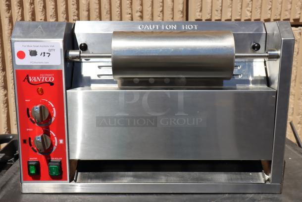 Brand new Avantco BT18AXL vertical contact conveyor bun toaster, 120V, 1600W, with extended length feed tray.