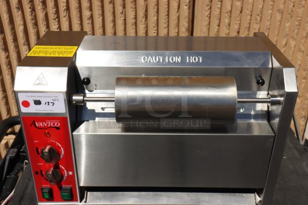 Brand new Avantco BT18AXL vertical conveyor bun toaster, 1600W, extended feed tray, minor scratches. Caution Hot label visible.
