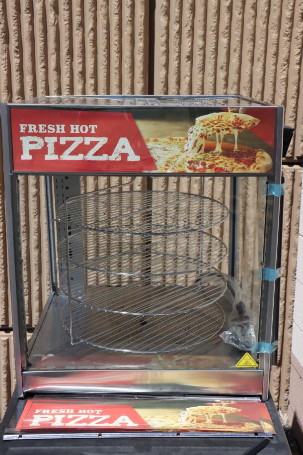 ServIt PDW18D1P 18" pizza warmer, rotating 4-shelf, pretzel rack, new with broken glass pane. Serial: 1457301300066.