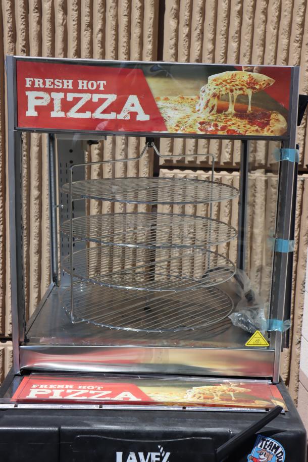 ServIt PDW18D1P pizza warmer, brand new, 18", rotating 4-shelf rack, broken glass pane, scratch-n-dent condition.