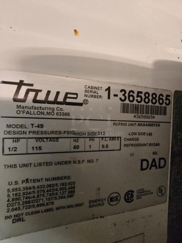 LIKE NEW! True T-49 54" Two Section Reach In Refrigerator, (2) Left/Right Hinge Solid Doors, 115v. In WORKING ORDER! S/N:3658865 - Image 2 of 2