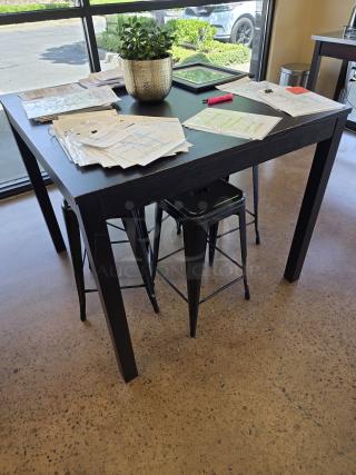 4 Seater Wood Table with 3 Metal Barstool Seats.